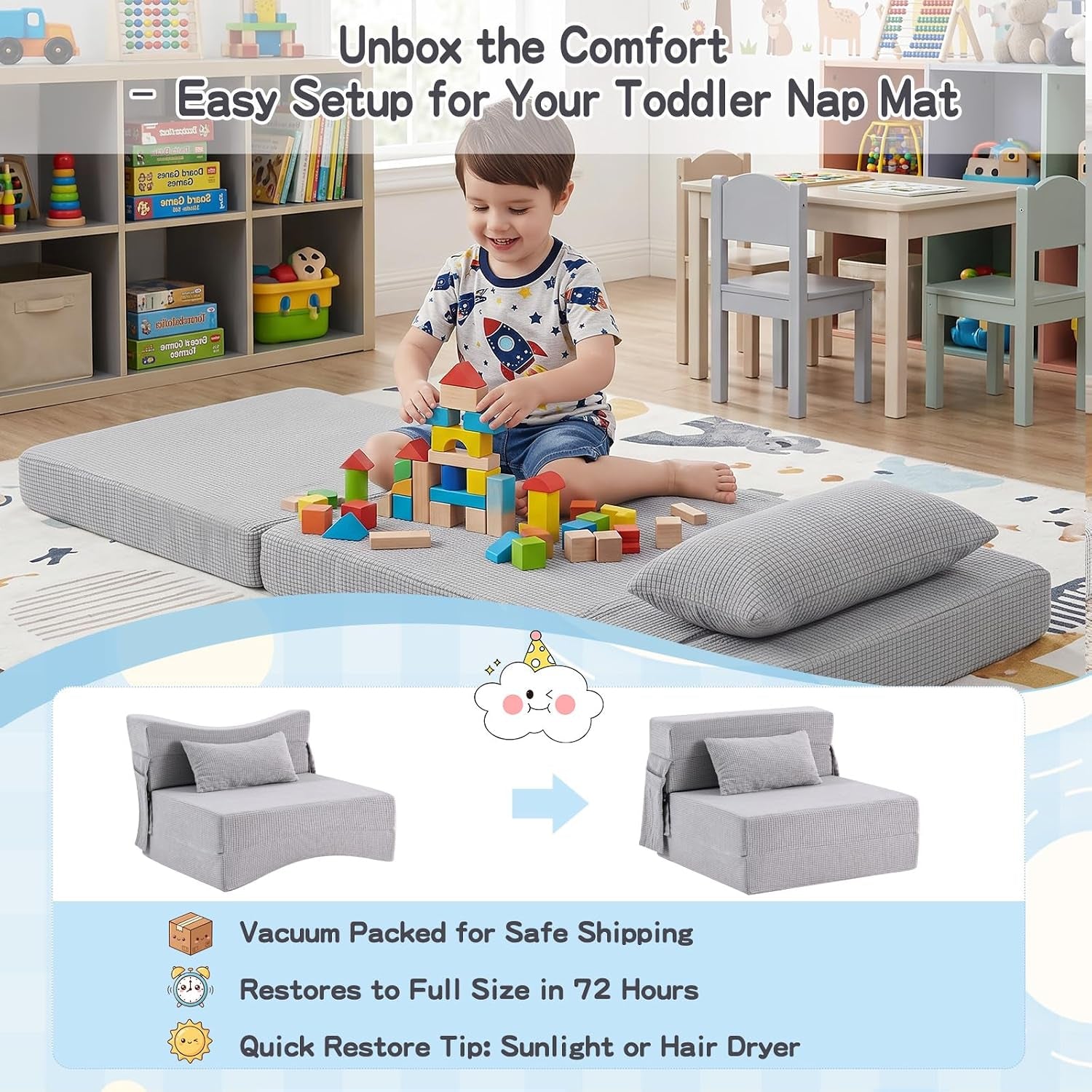 Child sitting on a folded gray checkered floor mattress with toys and pillow in a bright playroom.