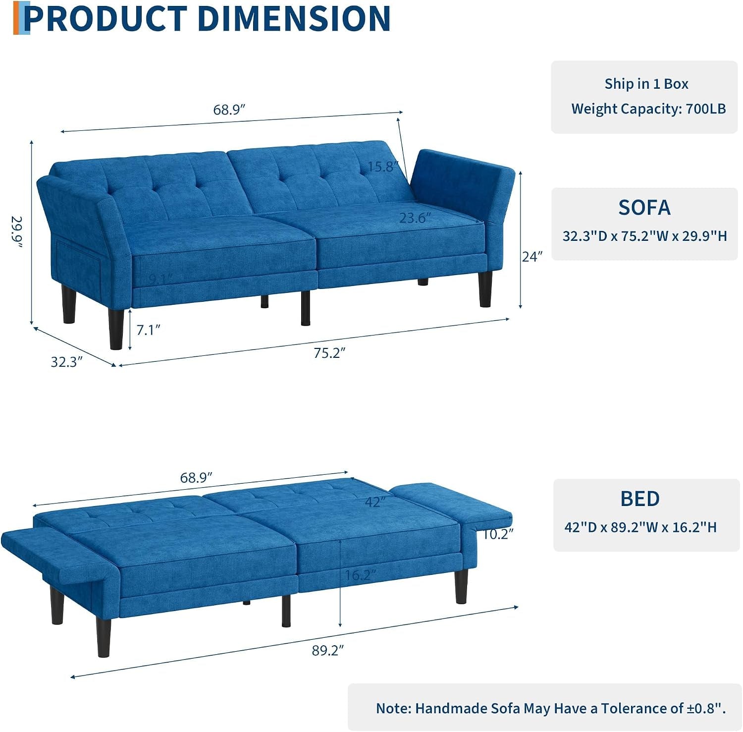 Diagram showing futon dimensions with sofa and bed measurements labeled, blue fabric illustration