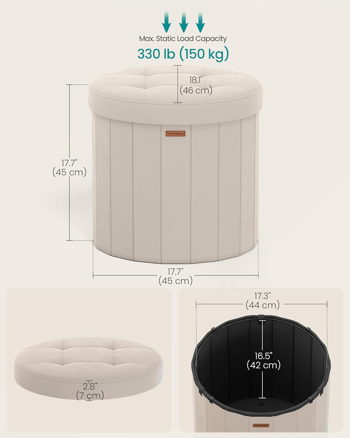 Cream beige ottoman dimensional diagram showing 18.1" diameter and 17.7" height with lid and interior measurements