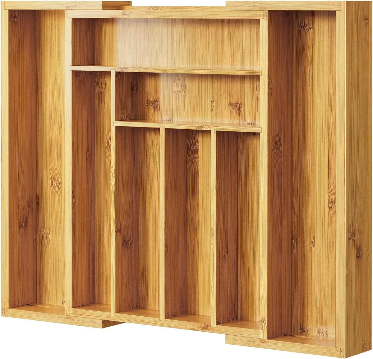 Top-down close view of the empty bamboo expandable silverware organizer showing multiple vertical compartments.