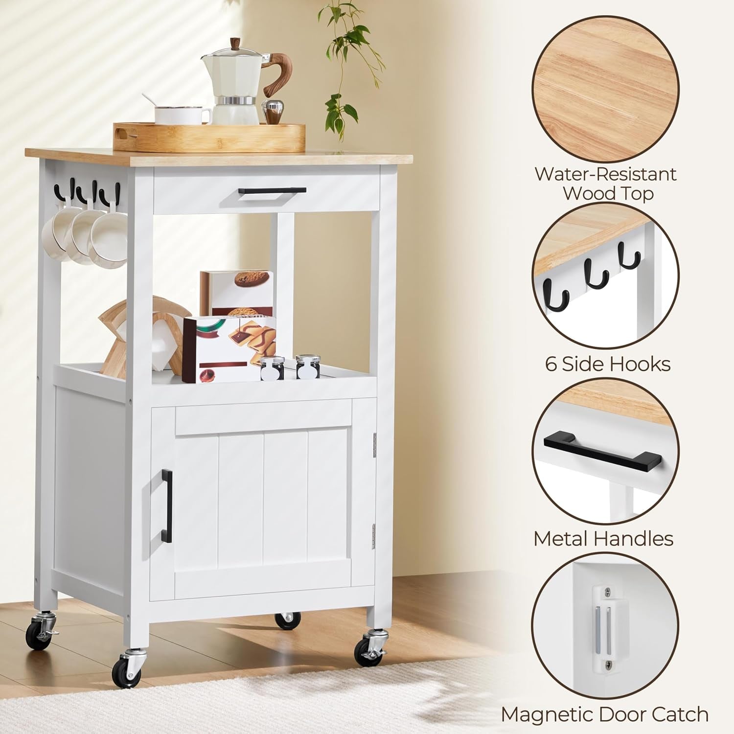 White kitchen cart with wood-grain top shown with feature callouts including six side hooks and metal handles