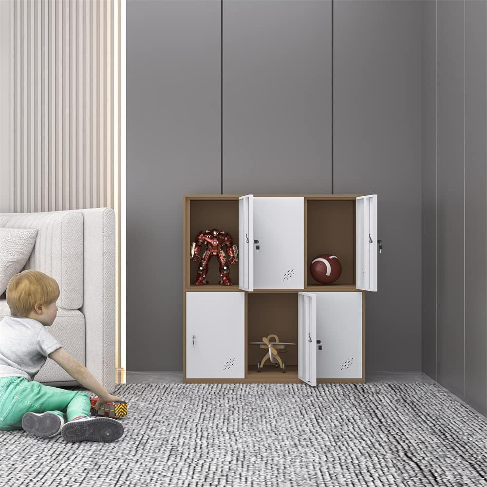 Front view of compact brown-and-white metal locker with three doors open revealing interior shelving and storage