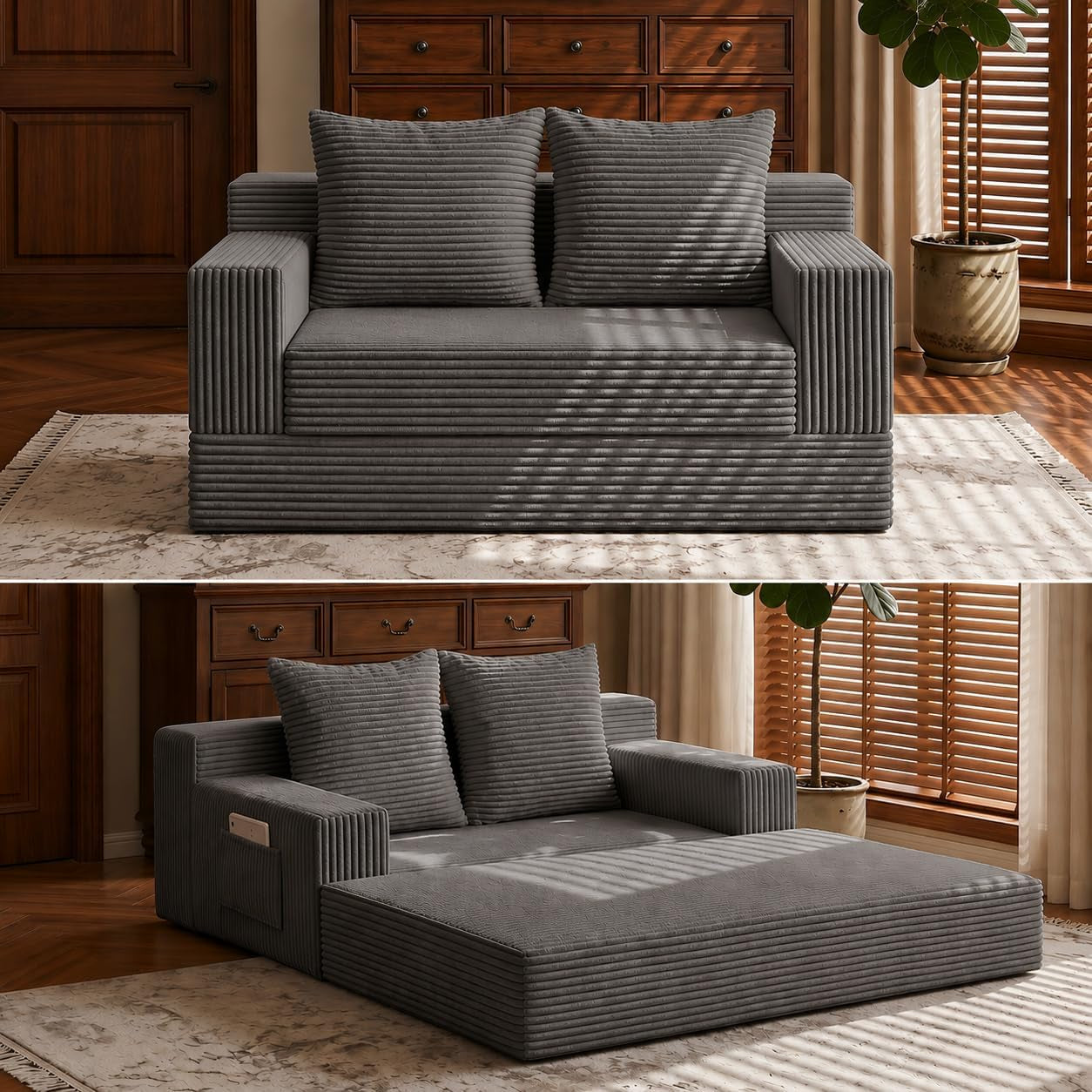 Grey corduroy boneless loveseat front view with two back cushions and ribbed textured upholstery