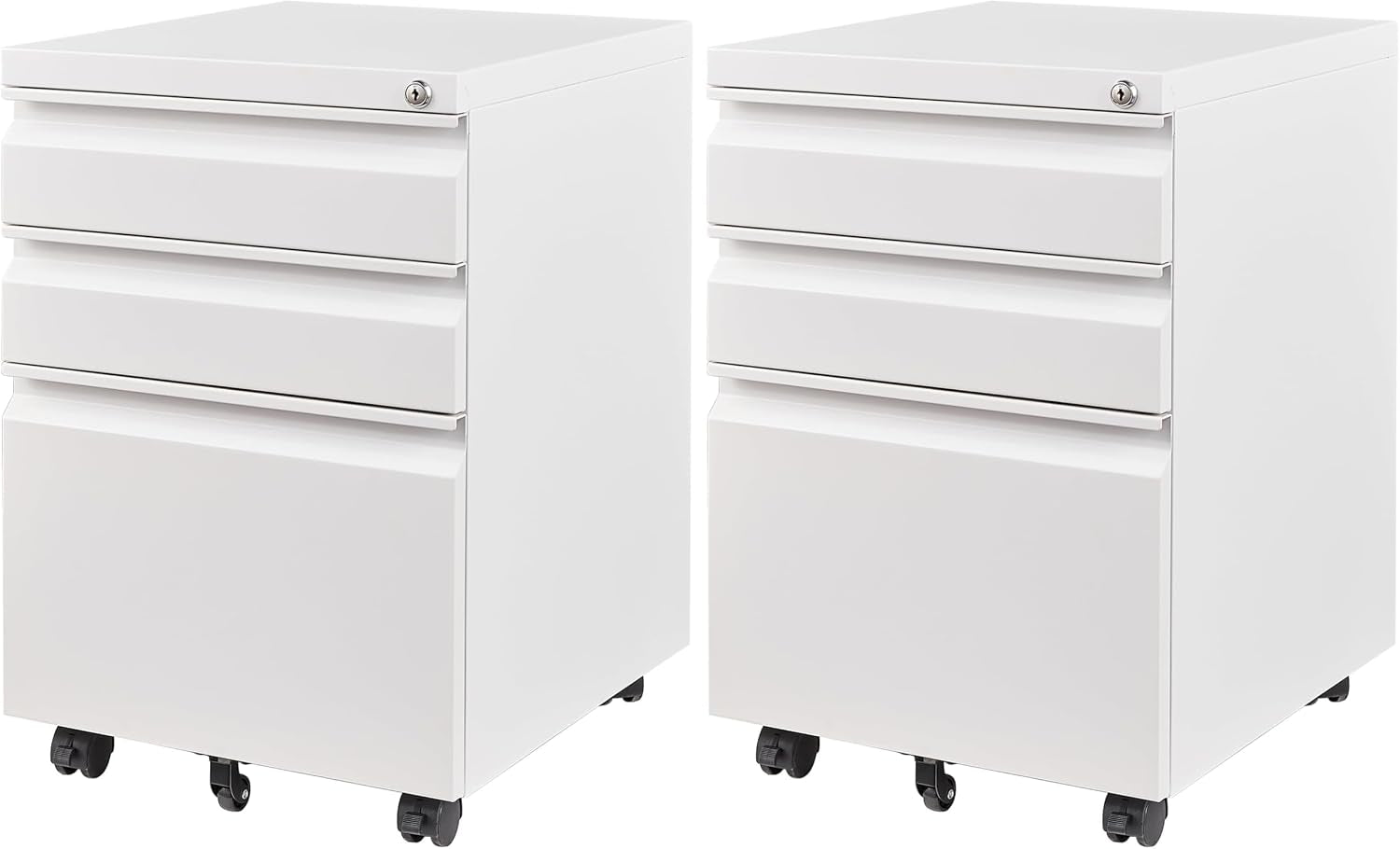 Two white three-drawer mobile file cabinets on casters shown side by side