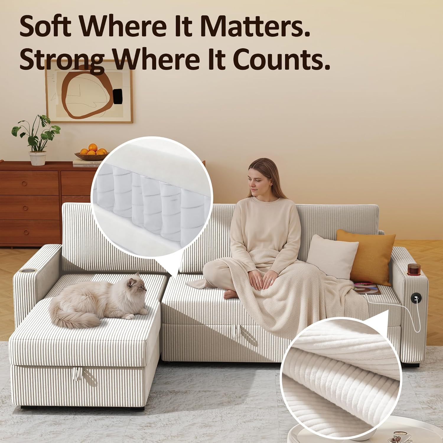 Sectional with woman and cat on the chaise; inset close-ups show pocketed springs and ribbed corduroy fabric.