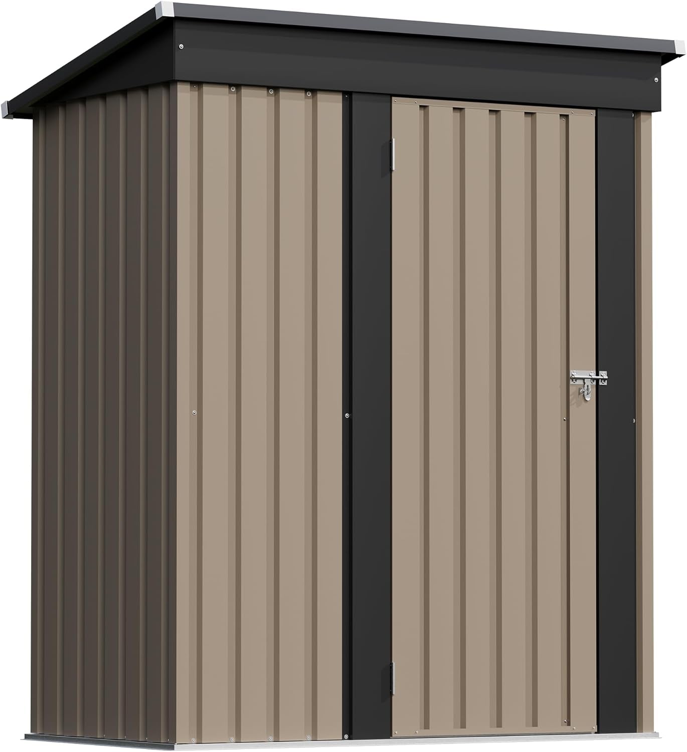 Three-quarter view of a tall brown metal storage shed with a sloping roof and a closed front door