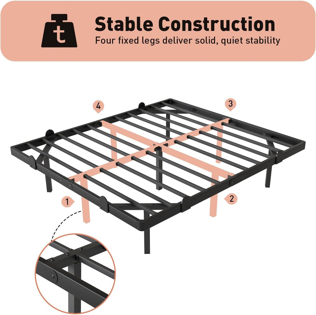 Isometric diagram of the metal slatted frame highlighting four fixed legs and central support elements