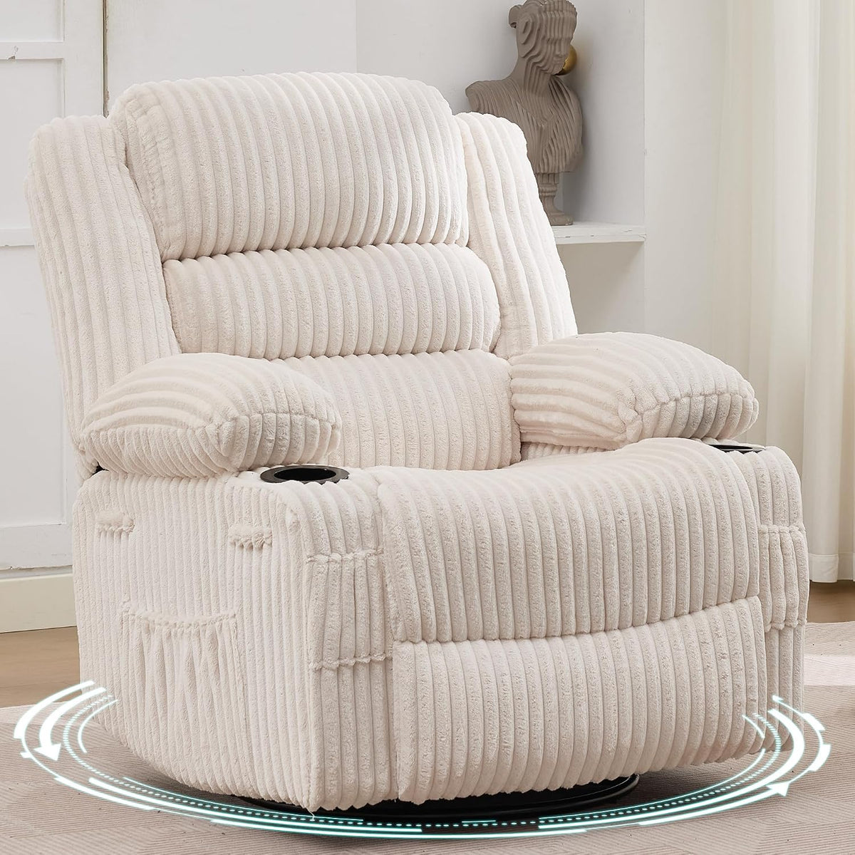 Cropped view of the cream recliner highlighting the plush ribbed headrest and cushioned arm profile.