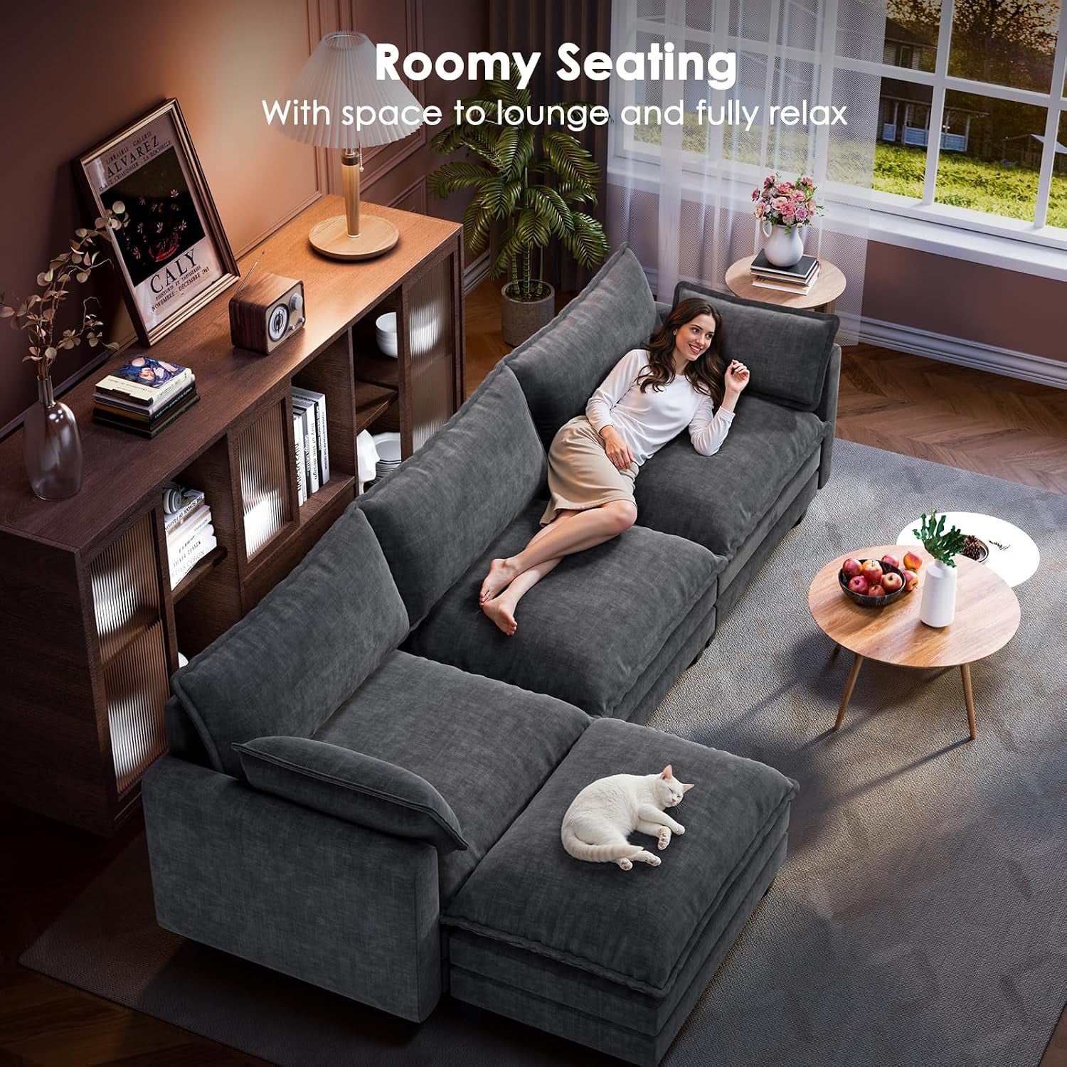 Modular Sectional Sofa 110.6" U-Shaped Modern Comfy Cloud Couch, 5-Seat Chenille Deep Seat Sofa with Throw Pillow & Movable Ottoman for Living Room, Bedroom and Apartment, Slate Gray