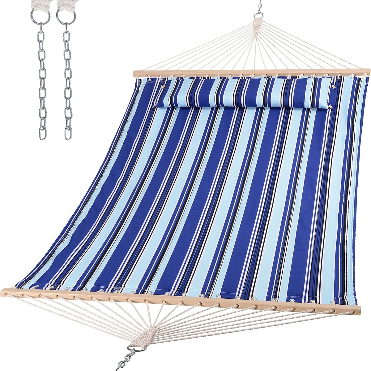 Blue-striped hammock variant shown on white background with spreader bar and chain hardware