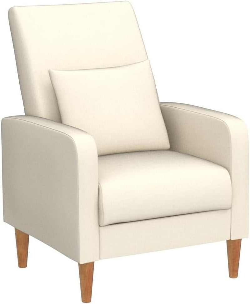 Single beige accent chair with pillow on a white background showing full front profile