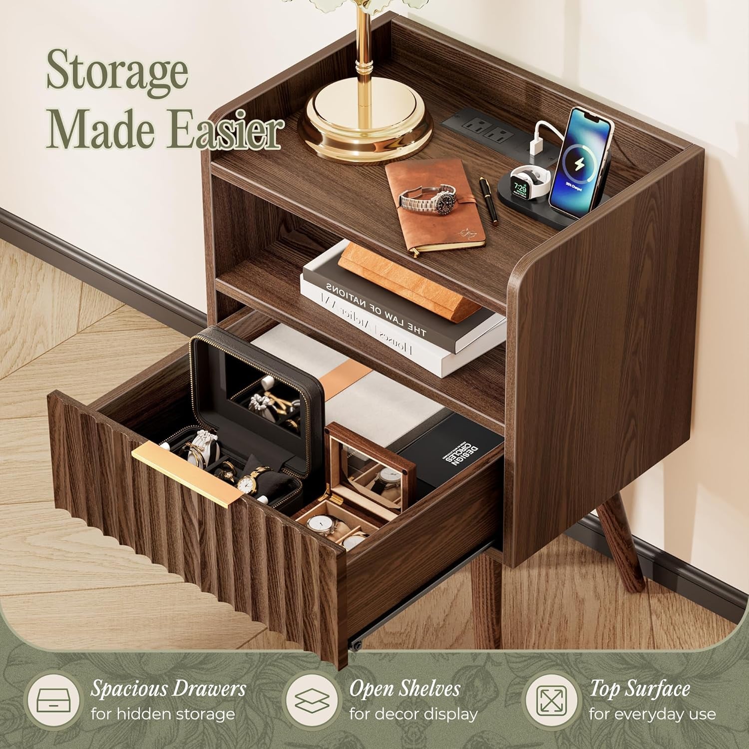 Angled close-up of a walnut nightstand with open shelf, fluted drawer front and charger on top