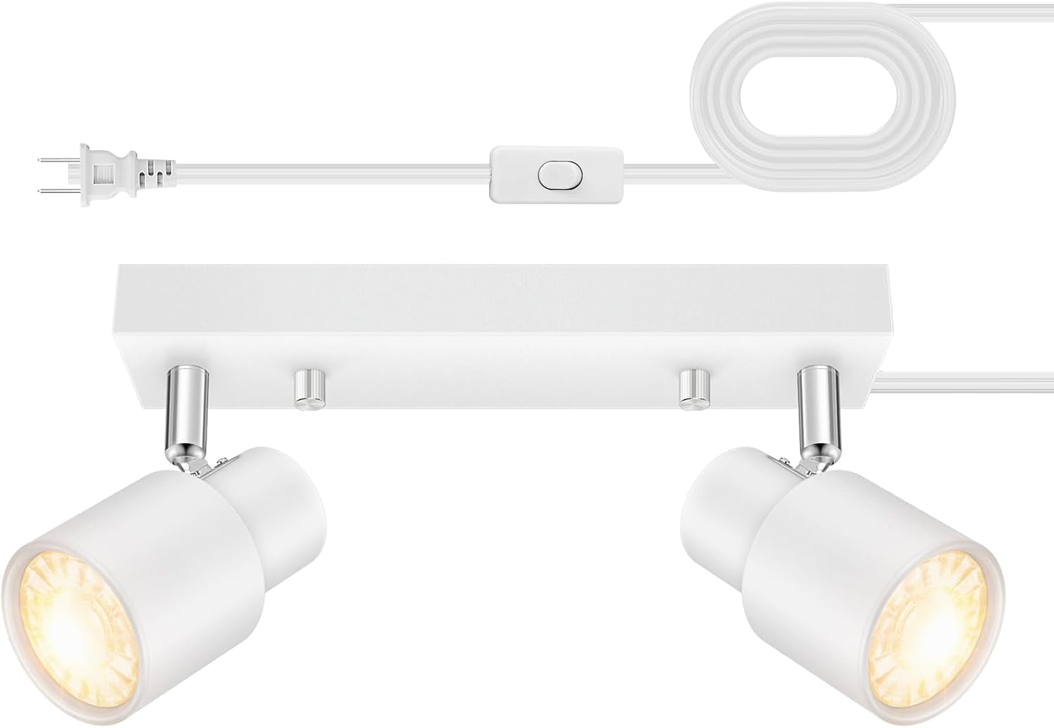 Close-up underside view of two white adjustable spotlight heads lit, with a white power cord and inline switch visible above.