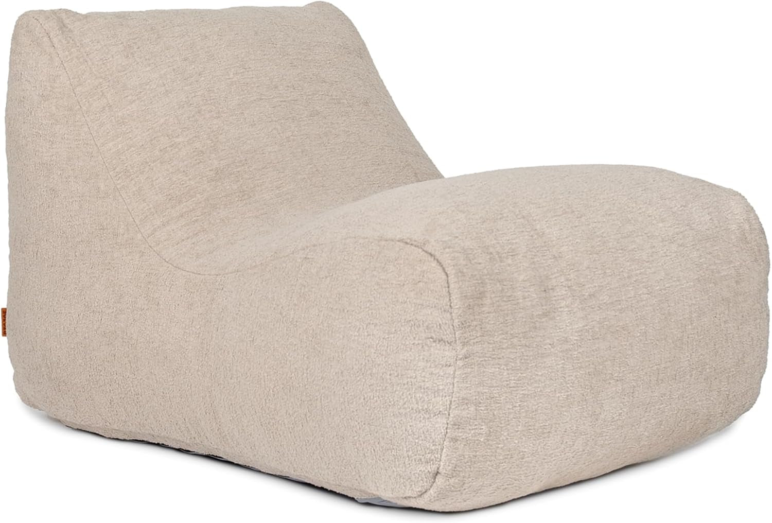 Beige fabric lounge chair, three-quarter front view on white background
