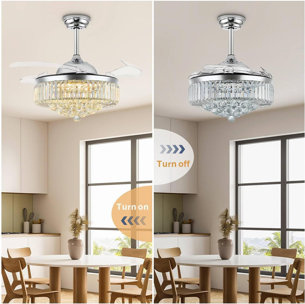 Split image of a dining area showing the same crystal fan lit on the left and unlit on the right above a round table and