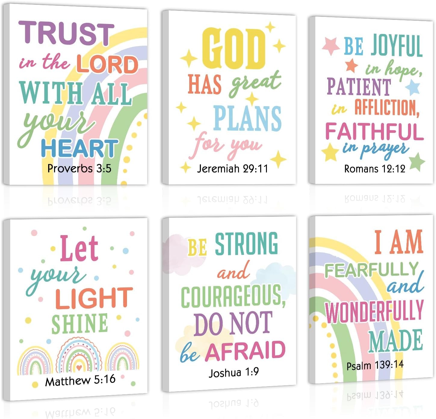 Six pastel inspirational text prints with rainbows and colorful typography displayed in two rows.