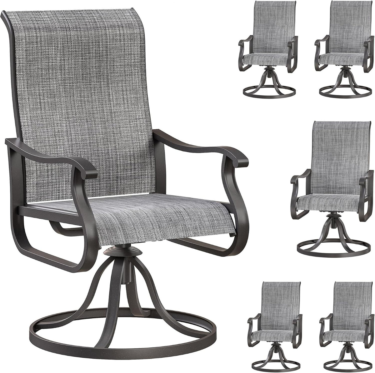 Front three-quarter view of a single swivel rocking patio chair with gray woven sling and dark metal frame