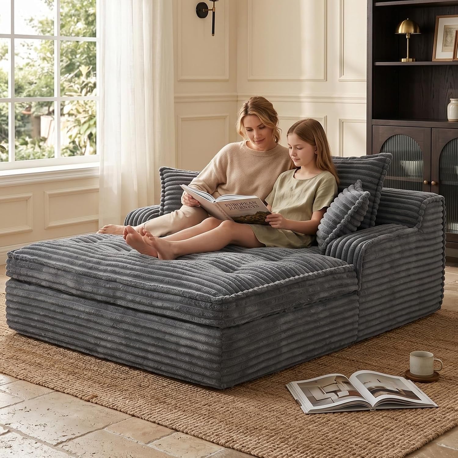 Wide dark gray chaise lounge with two pillows and two people reading together