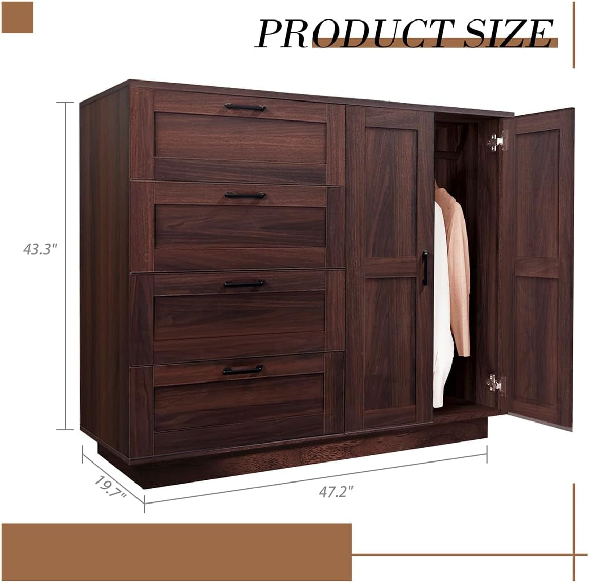 Three-quarter view of armoire with dimension overlays showing 43.3 inch height and 47.2 inch width