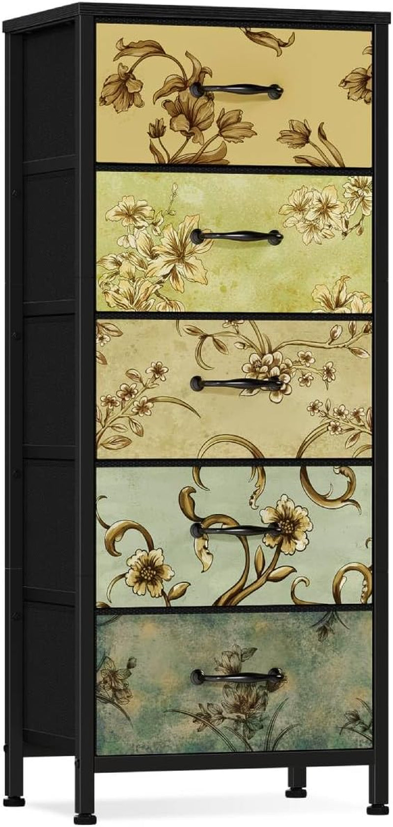 Tall vertical storage unit with six floral-patterned fabric drawers and black metal frame.