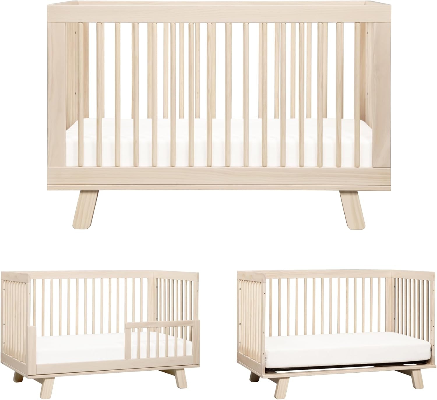 Three views of the same light natural wood crib showing crib, toddler bed, and daybed setups.