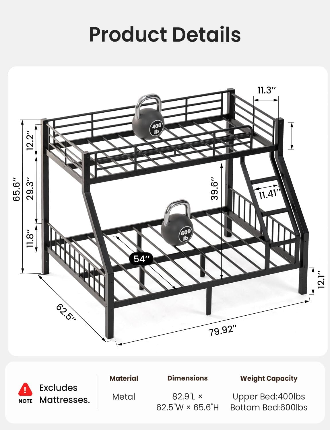 Illustrated diagram of the black metal bunk frame showing measured dimensions and kettlebell icons on each bunk.