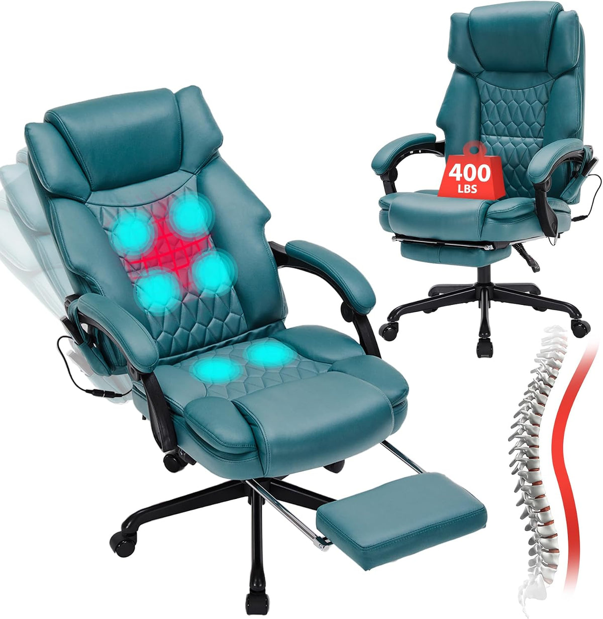 Teal reclining office chair with extended footrest and glowing massage points on seat and back