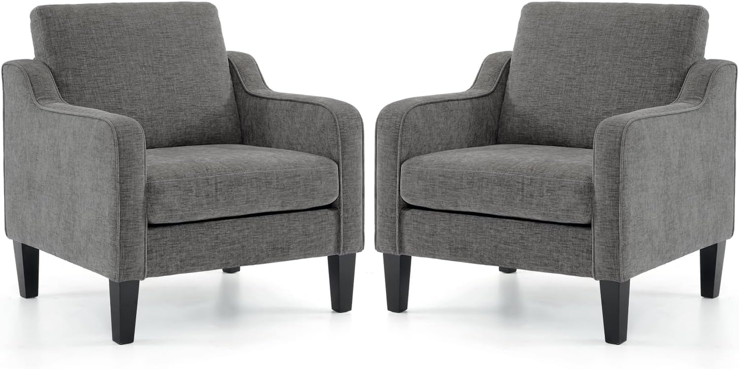 Two dark gray upholstered accent chairs shown side by side, each with removable seat cushions and black tapered legs.