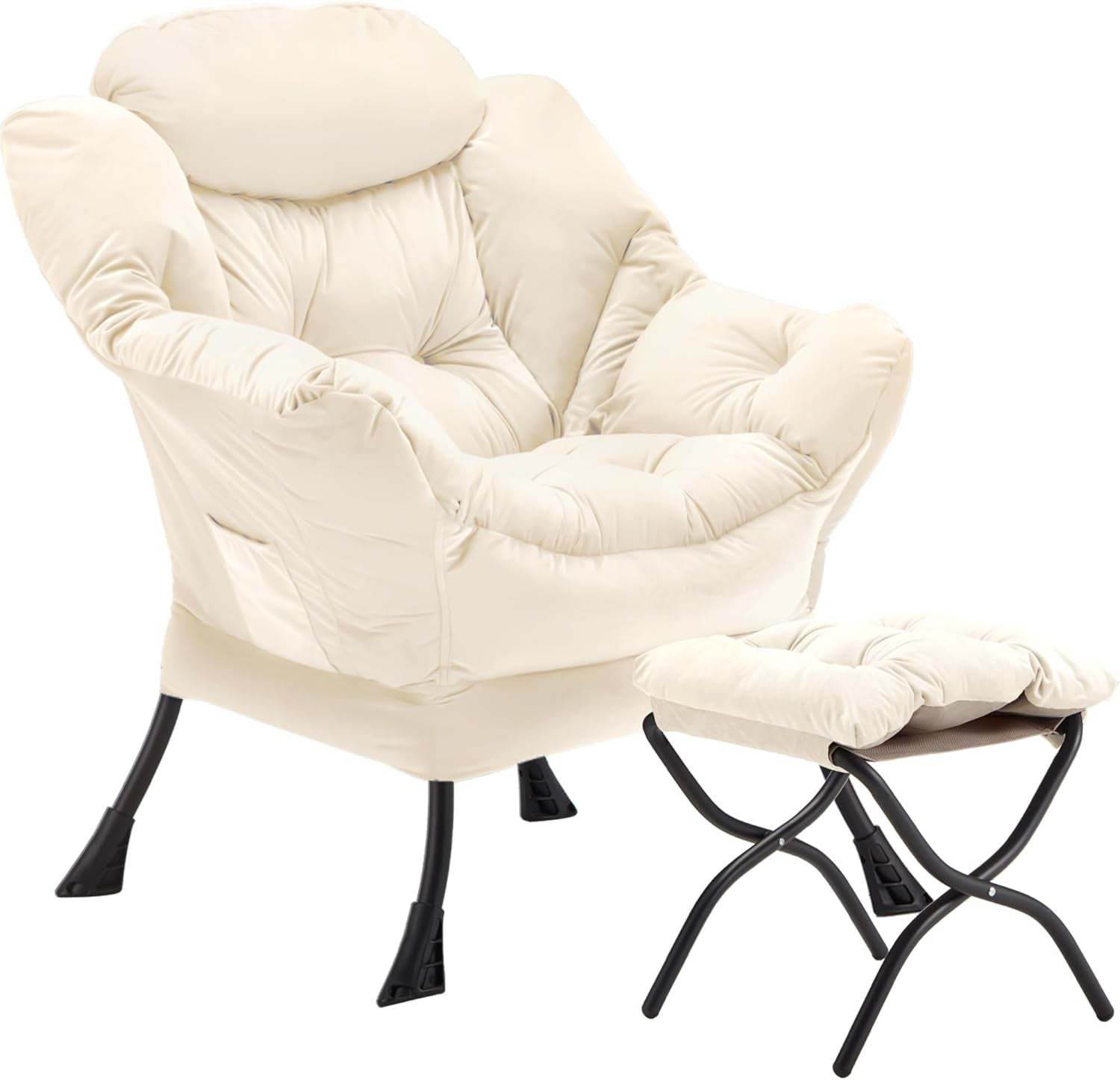 Soft beige lounge chair with plush armrests and a cushioned folding footstool at its side