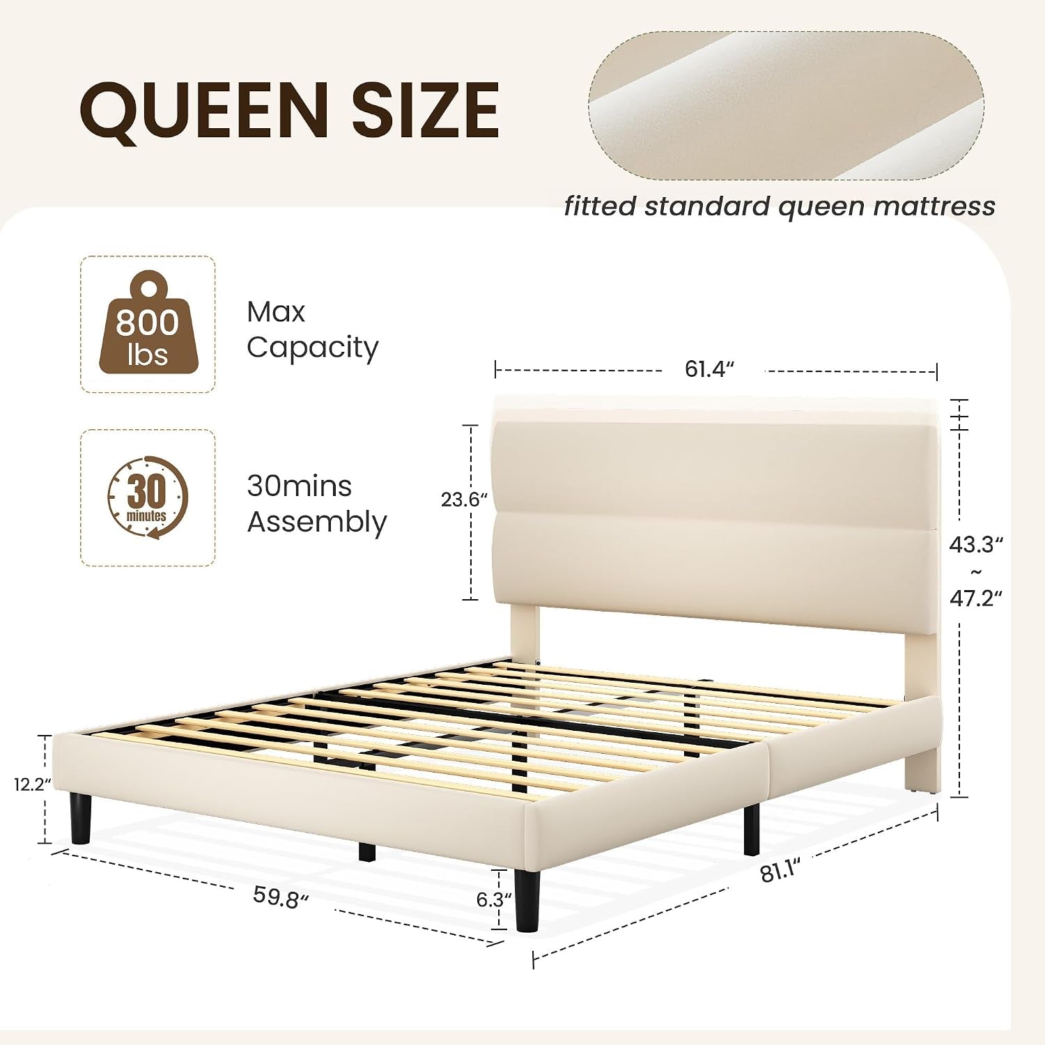 Queen cream bed dimension diagram with slatted platform, capacity and assembly details.
