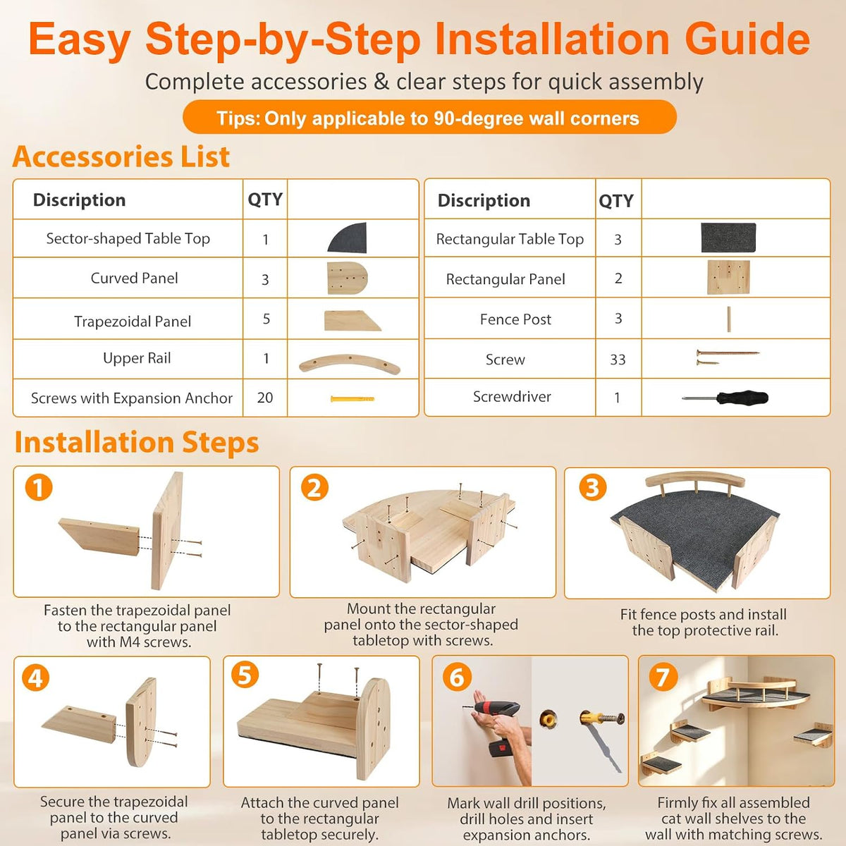 Assembly diagram and accessories list showing wooden panels, fence posts, screws and wall anchors for mounting