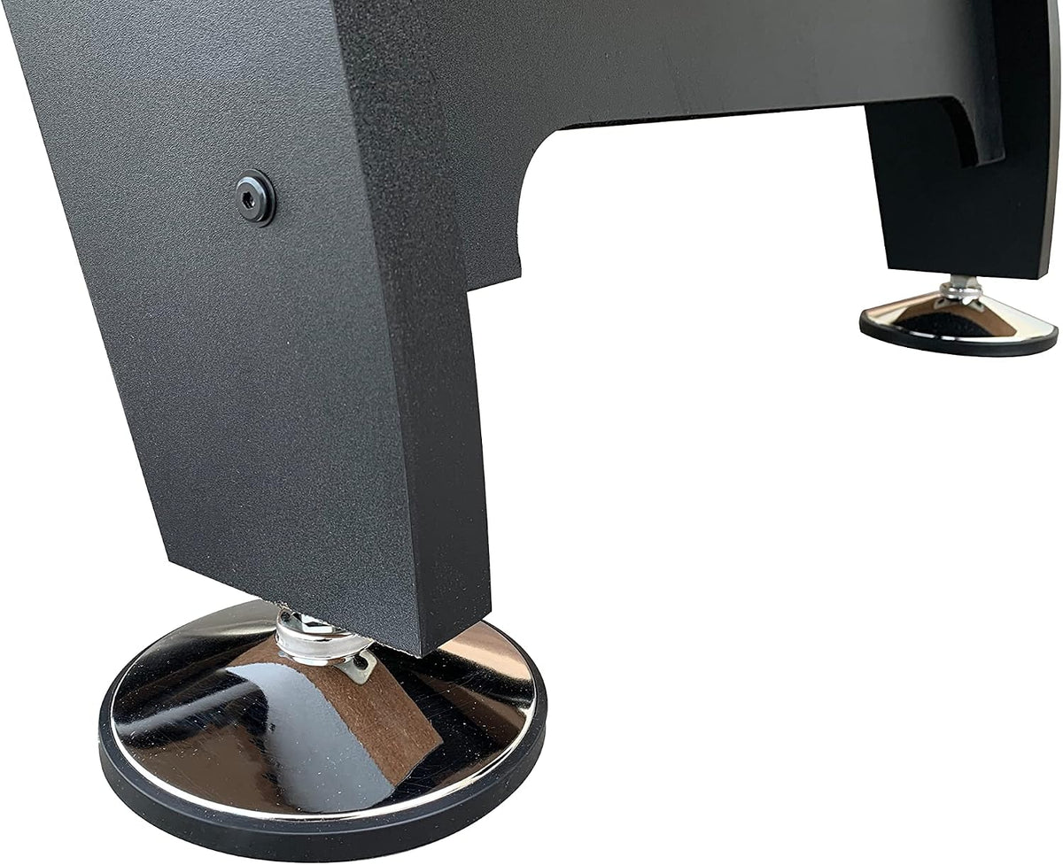 Close-up of black table leg and chrome adjustable floor leveler with black base.