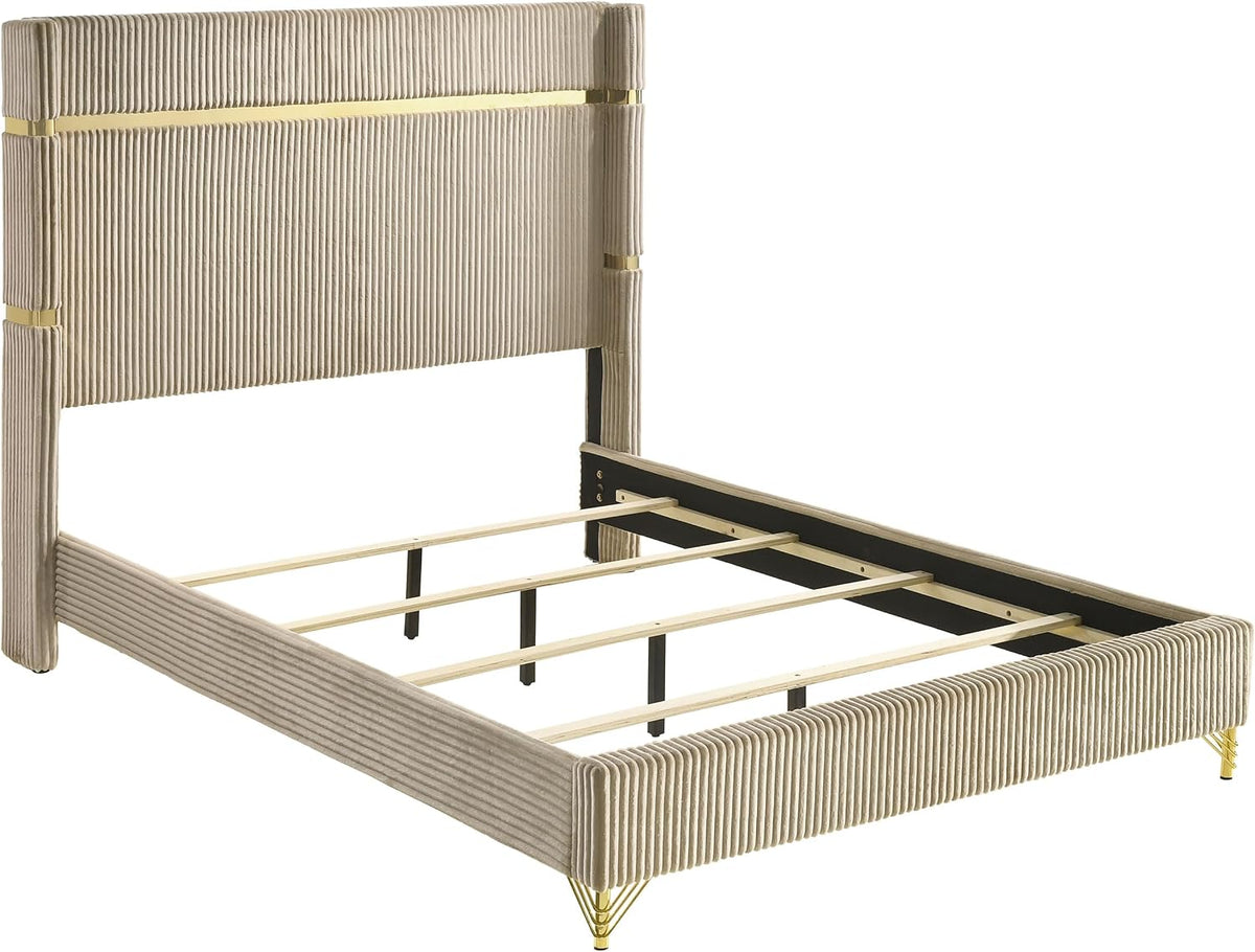 Beige fluted velvet wingback bed frame angled view showing low footboard and gold tapered legs