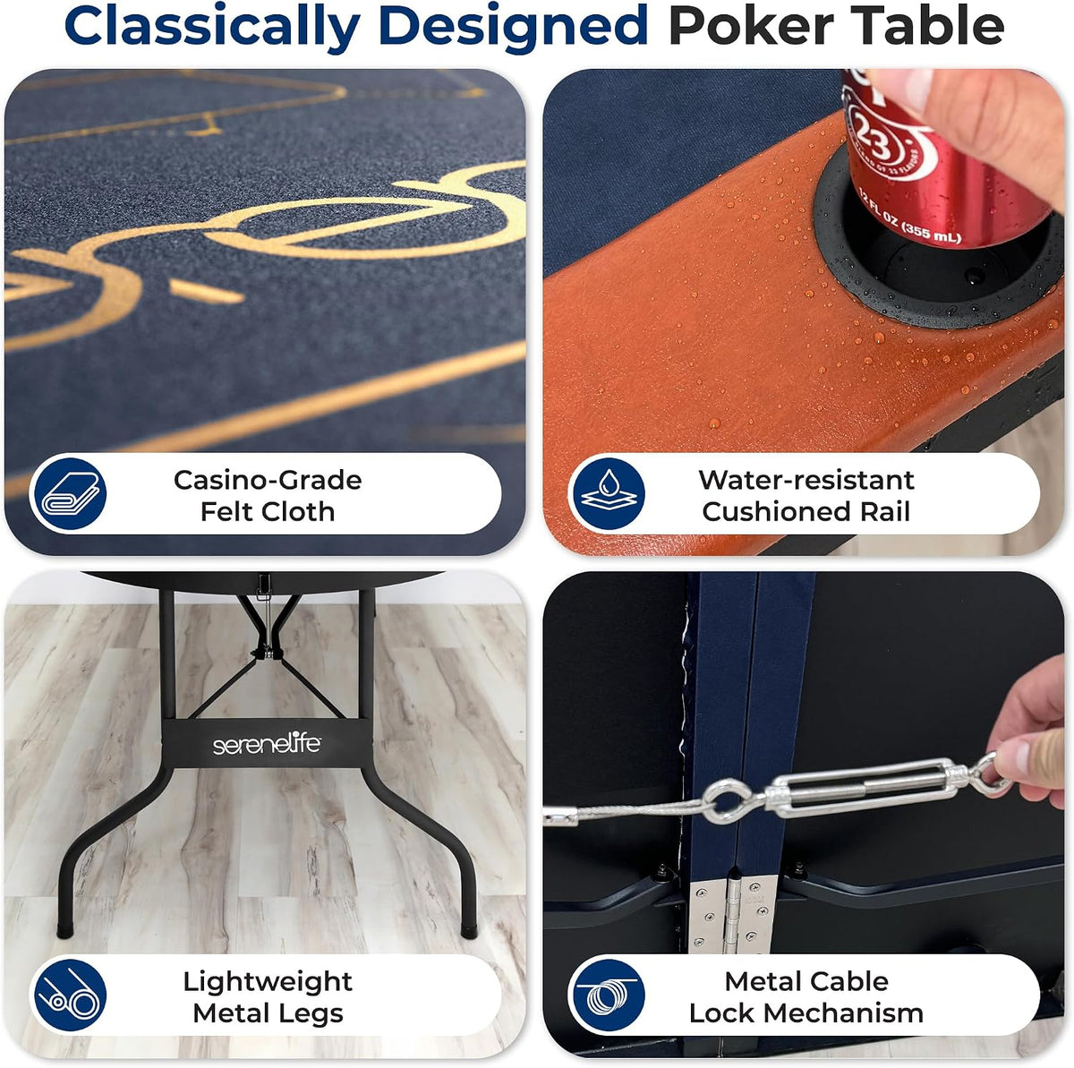 Closeup grid showing casino-grade felt, water-resistant padded rail, lightweight metal legs and metal cable lock