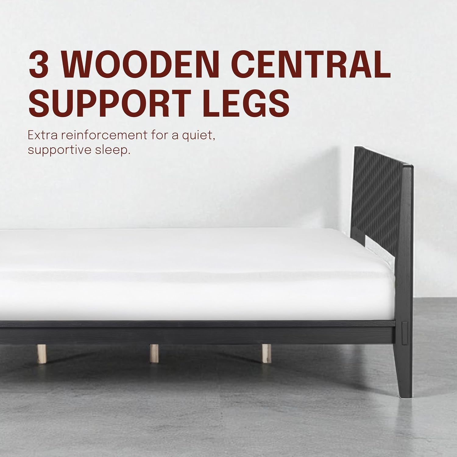 Close side detail of the low-profile frame showing three central support legs beneath the slatted base and headboard.