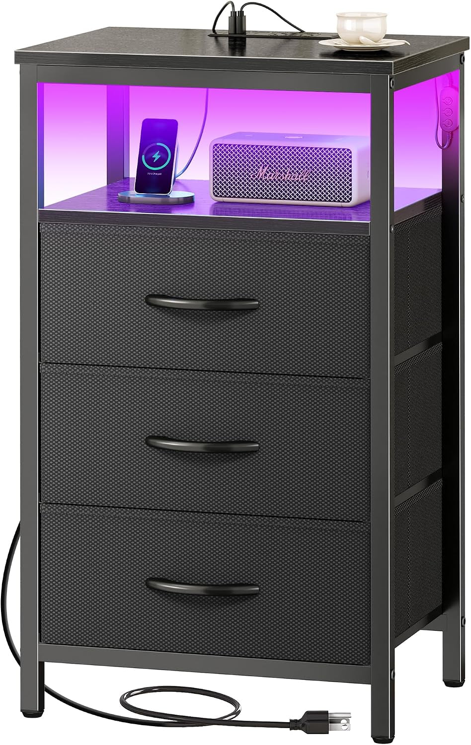 Black nightstand variant with three dark fabric drawers, purple LED shelf, top charging station and coiled power cord.
