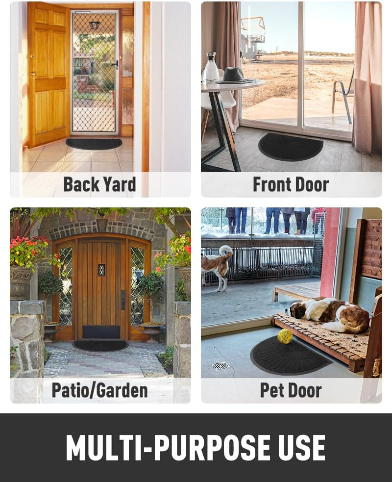 Four-panel montage showing semicircular mats placed at a back yard, front door, patio and pet door.