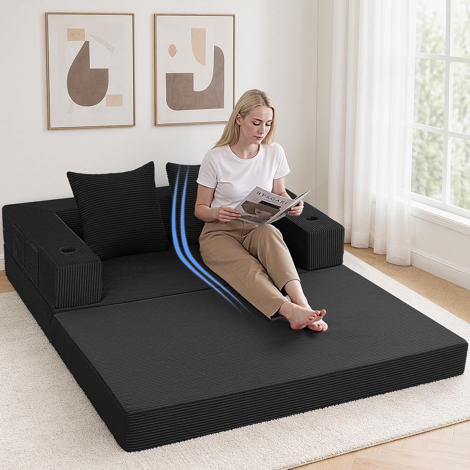 Futon Sofa Bed, Convertible Sofa Bed, Folding Boneless Couches | Low-Profile Boneless Couch for Living Room, 11.8" H Low Seat Small 59" Foldable Floor Sleeper Mattress Lounge Space‑Saving