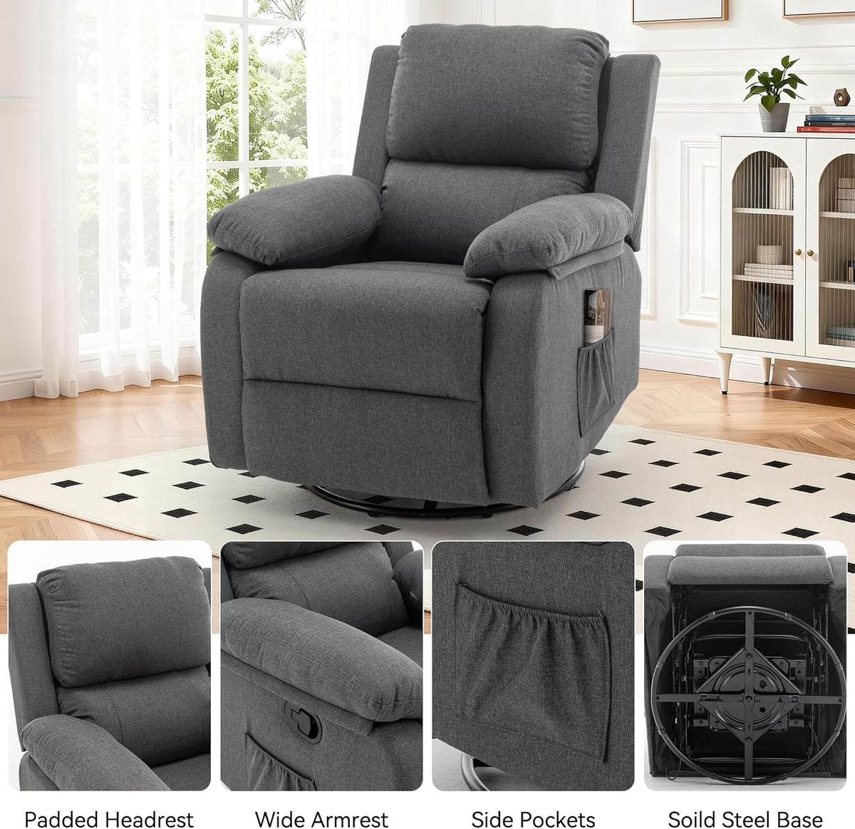 Angled view of the gray recliner on a rug, showing a side pocket and four inset detail thumbnails of headrest, armrest