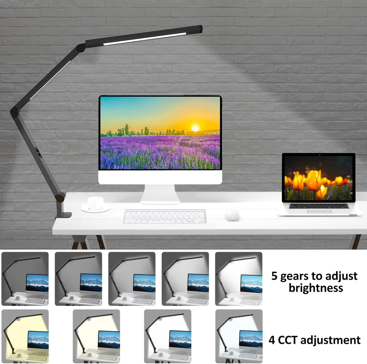 Wide office scene with black desk clamp lamp lit beside a monitor and laptop showing multiple brightness and color-mode vials