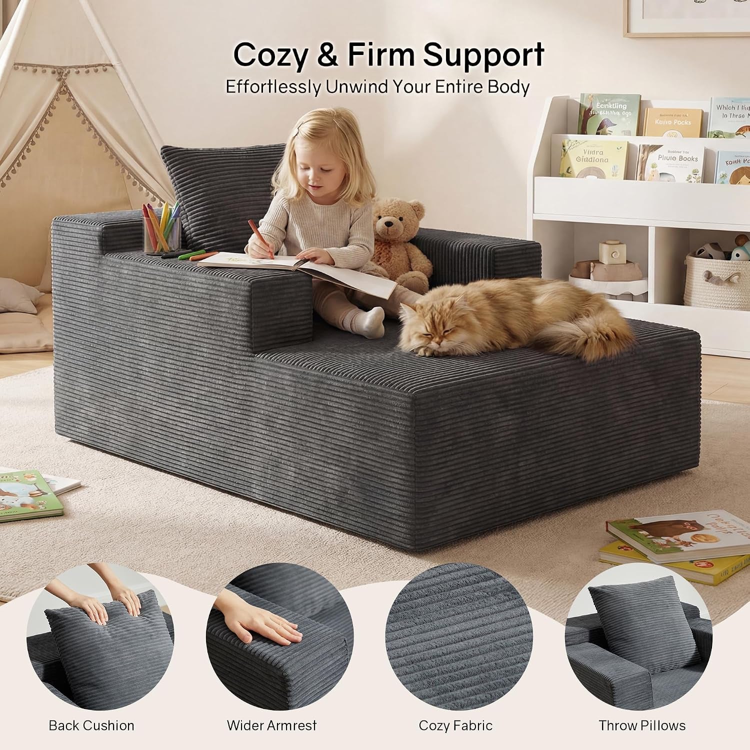 Child reading on a dark gray corduroy chaise while a cat naps on the extended seat, feature icons shown at the bottom.