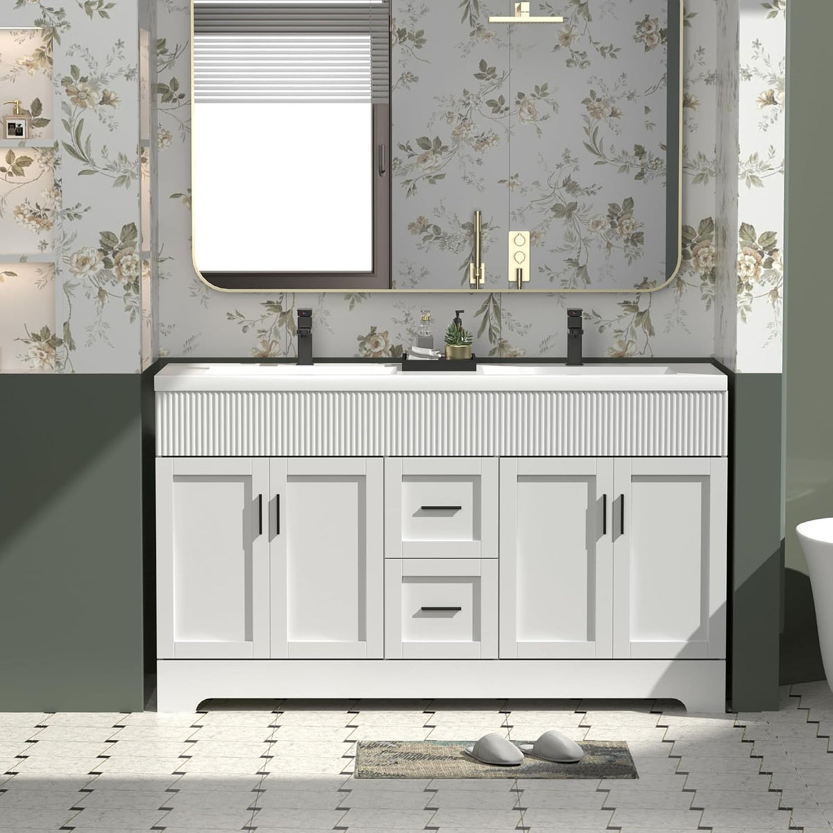 Close front view of white vanity showing ribbed wave-pattern trim, cabinet doors and center drawers beneath a mirror