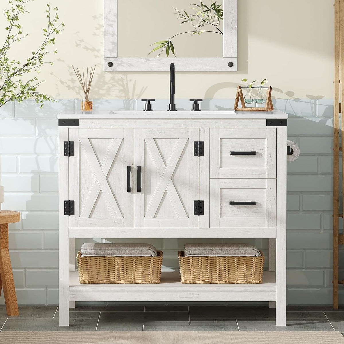 White single-sink vanity showing two right-side drawers, X-panel doors, black handles and lower shelf baskets