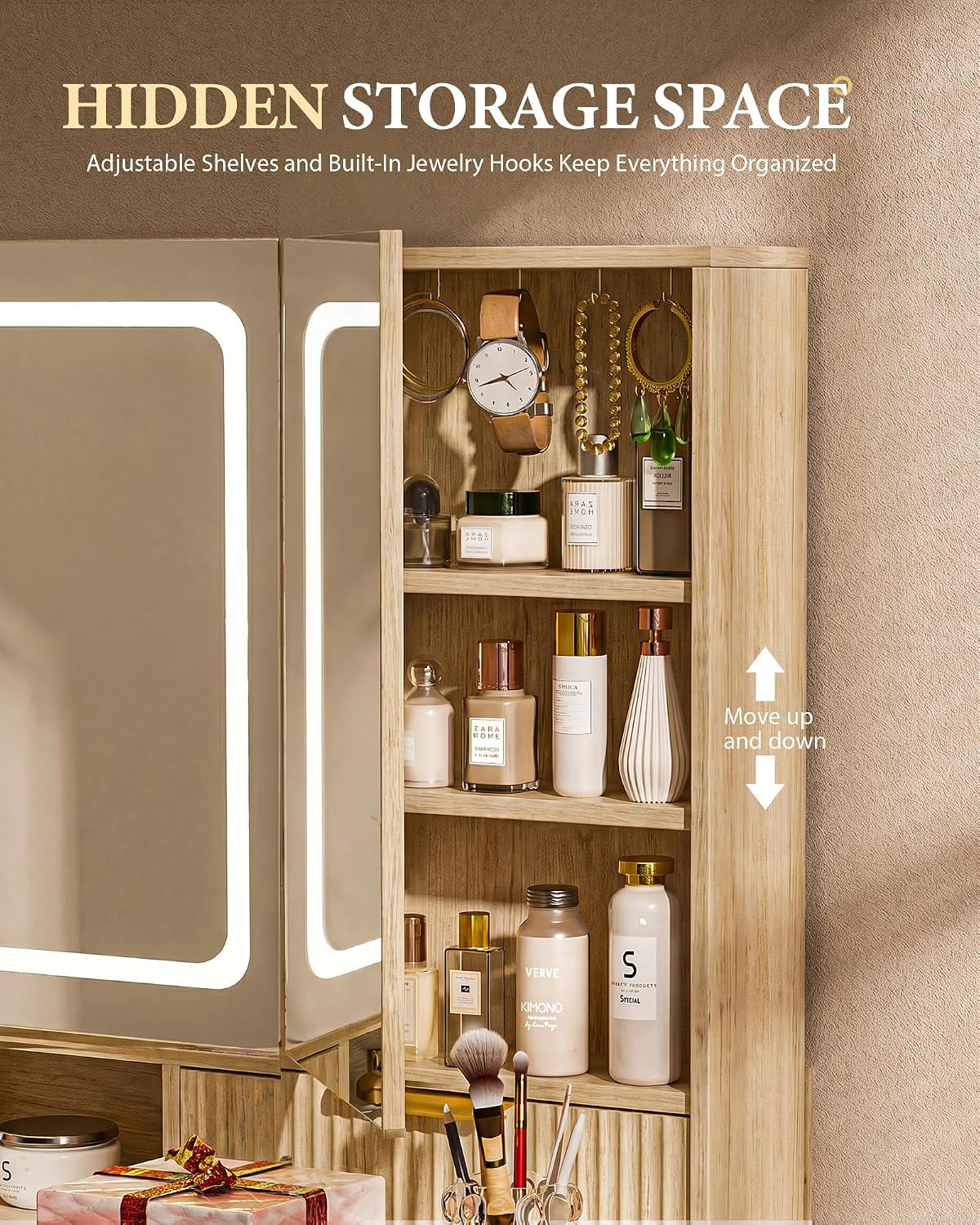 Close-up of the vanity’s right vertical cabinet showing adjustable shelves and hanging jewelry hooks