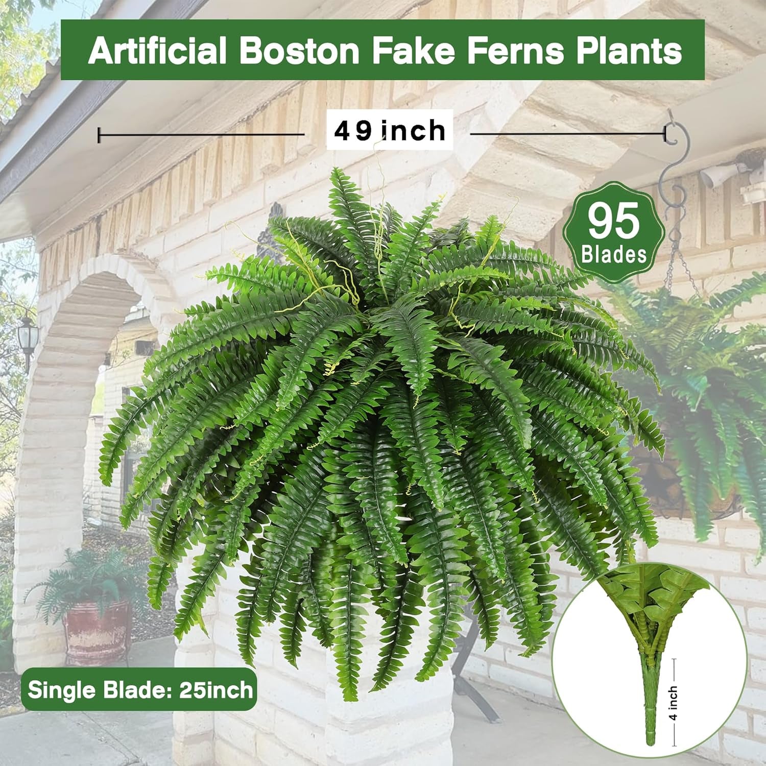 Green artificial Boston fern bush suspended on a porch with a 49-inch spread label