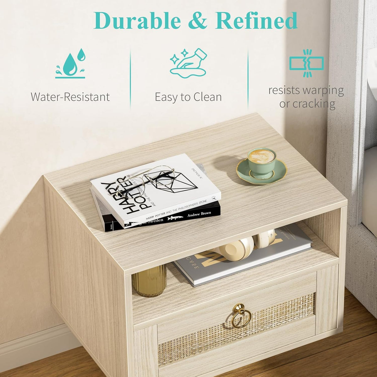 Top-angled view of the nightstand showing the tabletop, open cubby and light oak grain finish with accessories