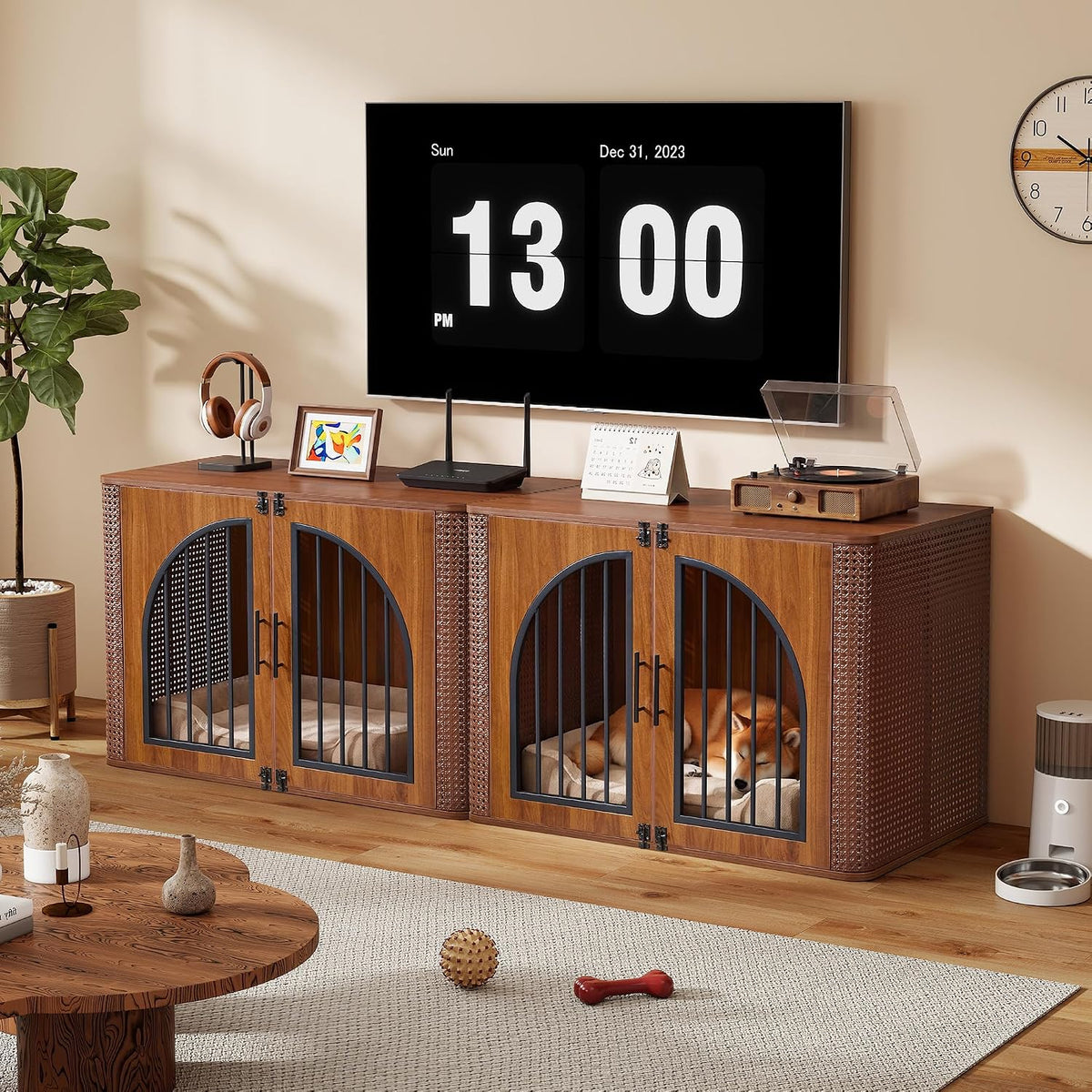 Three connected walnut crates used as a TV stand in a living room, one compartment showing a sleeping dog.