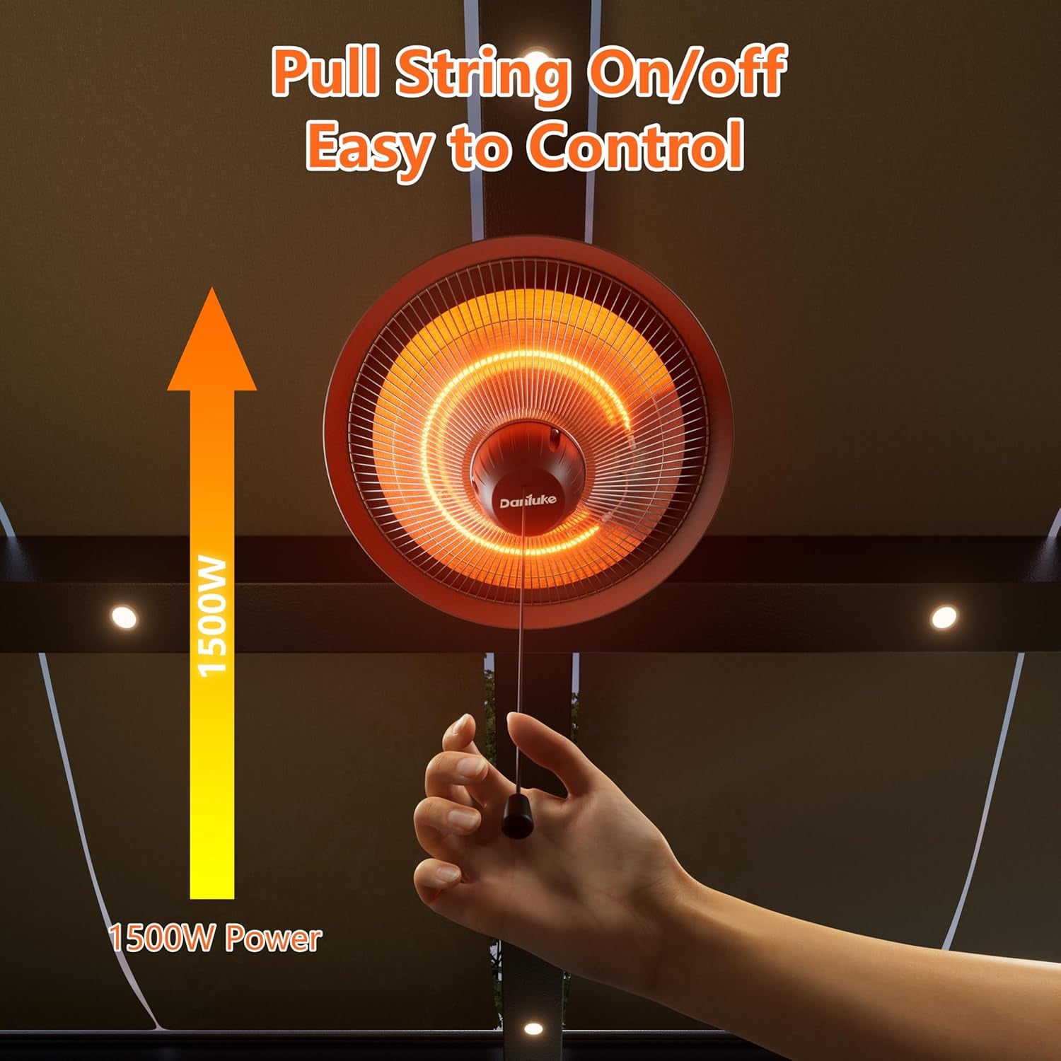 Underside view of hanging heater showing the illuminated heating ring and a pull-string control with a hand reaching to pull