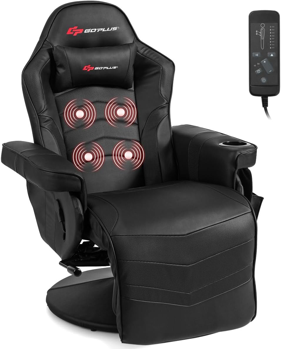 All-black gaming recliner with head pillow, built-in cup holder and remote displayed at right
