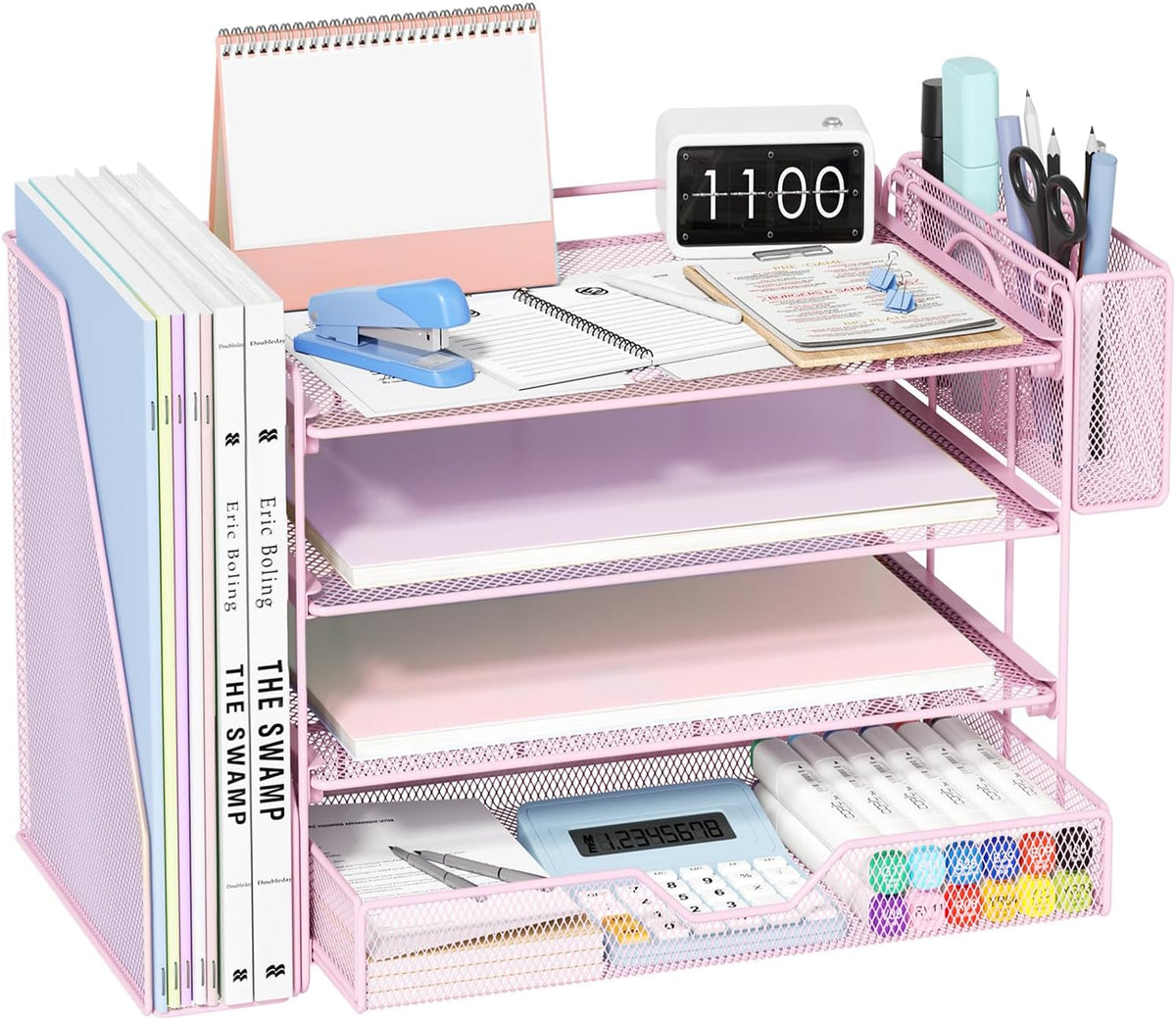 Close-up of pink mesh shelves with paper pads, markers and pencil cup attached to side